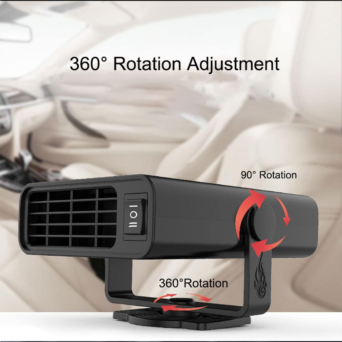 Ein schwarzes Autoheizgerät mit 360-Grad-Drehfunktion. Es hat einen Ein-/Ausschalter und ist im Auto montiert.