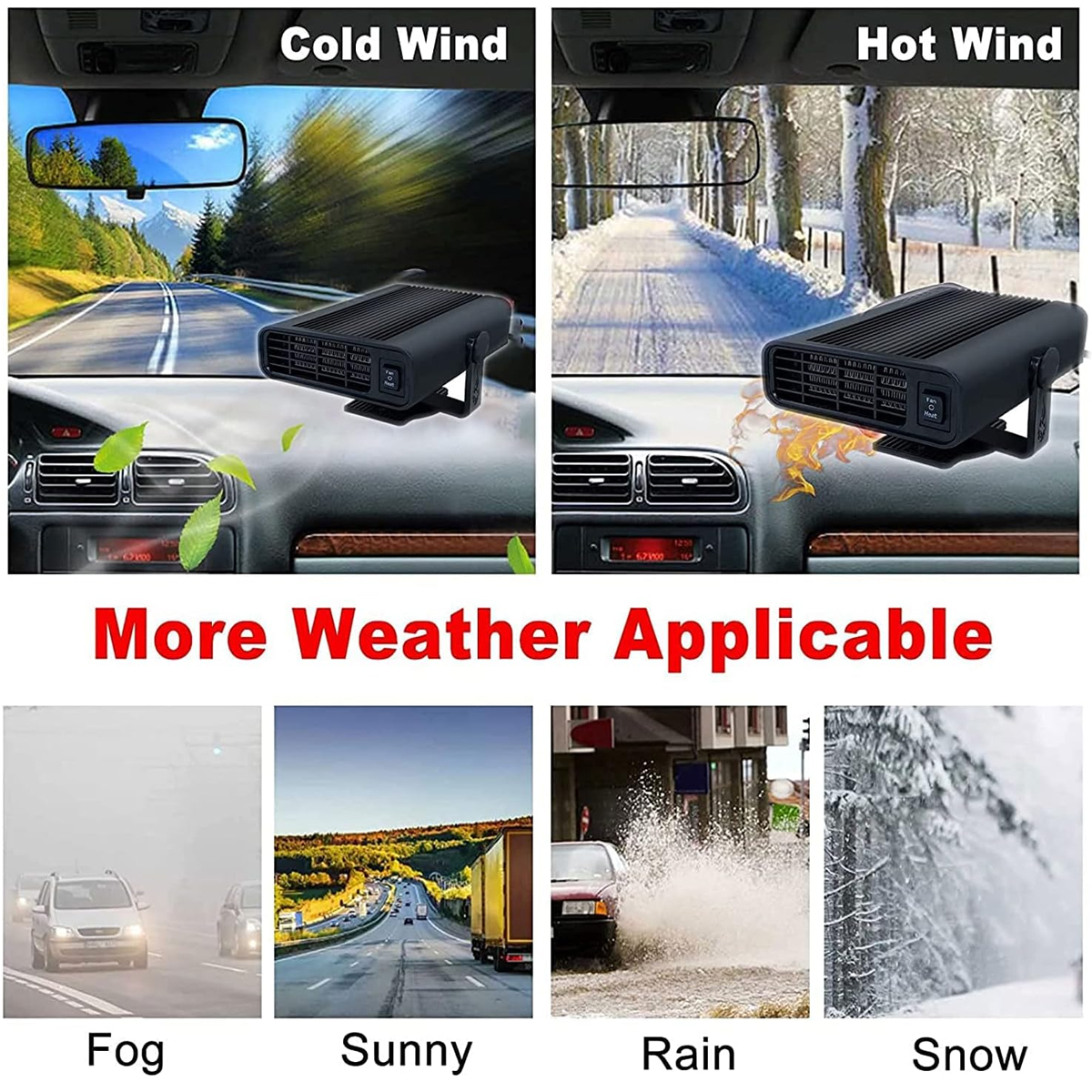 Autoinnenraum mit Heizung in Betrieb. Szenen zeigen Kalt-/Heißwind, Nebel, sonnige Autobahn, Regenspritzer und schneebedeckte Waldverhältnisse.