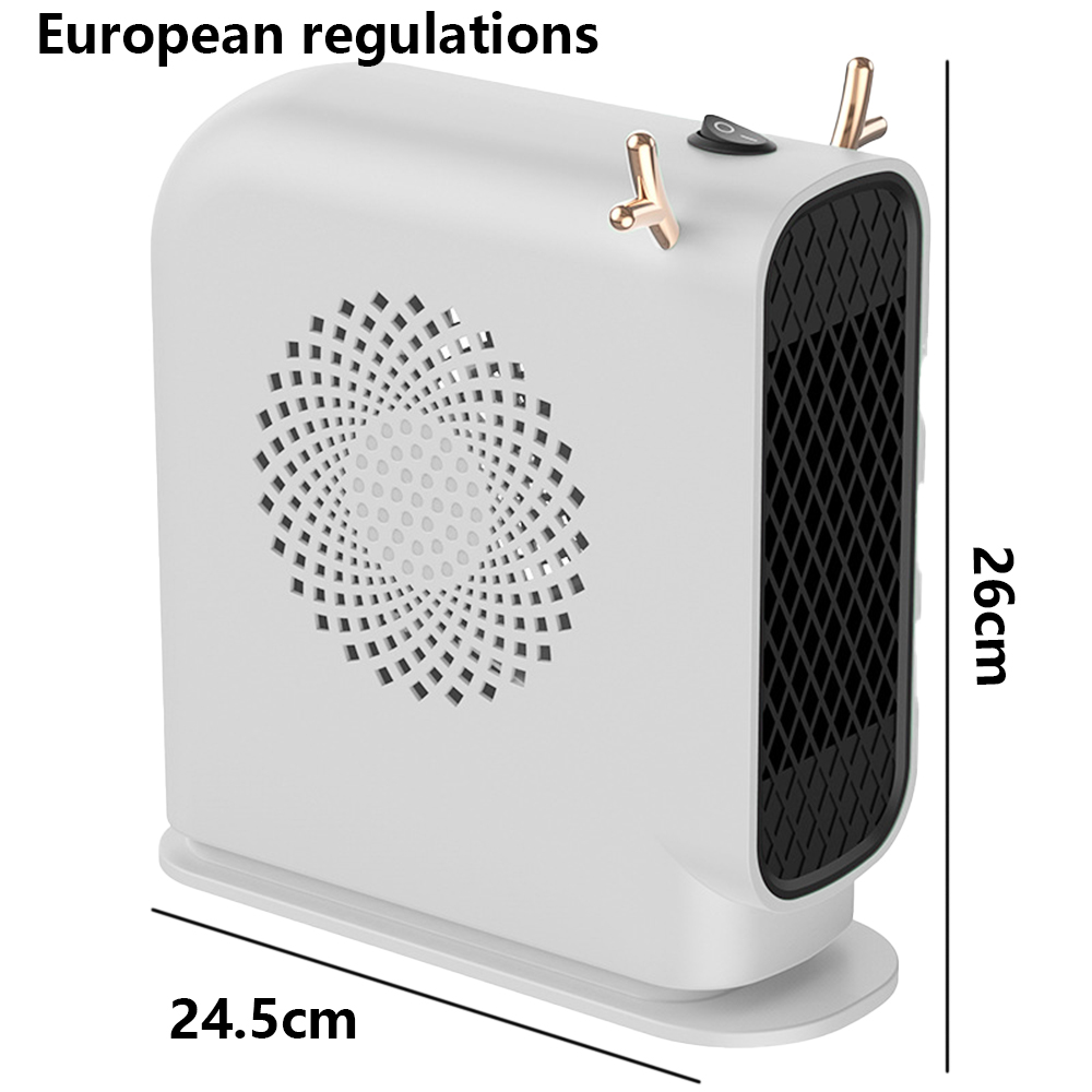 Ein weißer Elektroheizer mit goldenen Akzenten, 24,5 cm breit und 26 cm hoch, gekennzeichnet mit 'European regulations'.