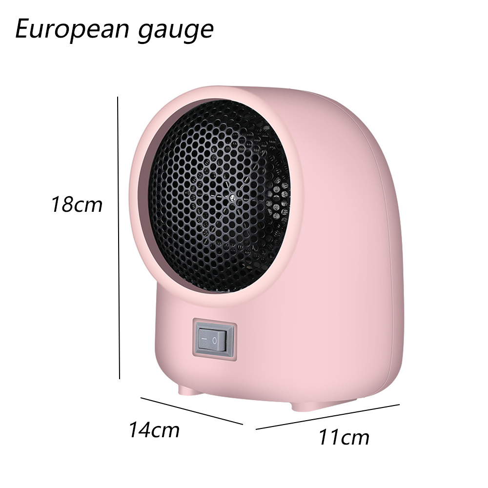 Ein rosa elektrischer Heizlüfter mit schwarzem Gitter, Schalter und Maßangaben. Der Heizlüfter befindet sich auf weißem Hintergrund, mit der Bezeichnung European gauge.