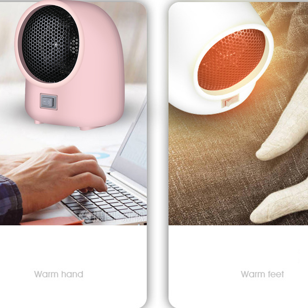 Rosa und weiße Heizgeräte. Eines mit Hand in der Nähe eines Laptops, das andere mit Füßen. Der Text lautet "Warme Hand" und "Warme Füße".
