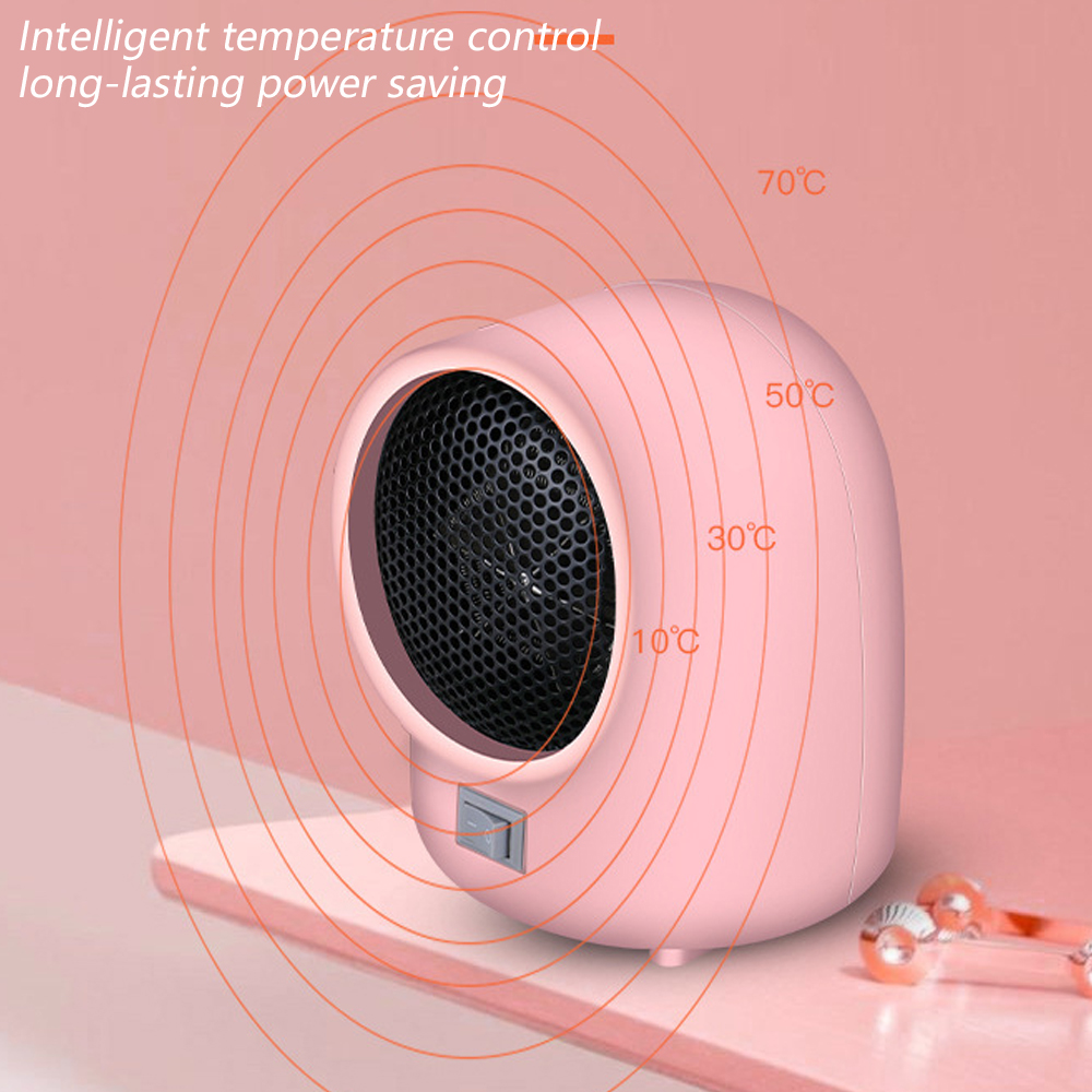 Ein rosa elektrischer Heizlüfter mit Temperatureinstellungen. Konzentrische Kreise gehen vom Heizlüfter aus. Der Hintergrund ist rosa.