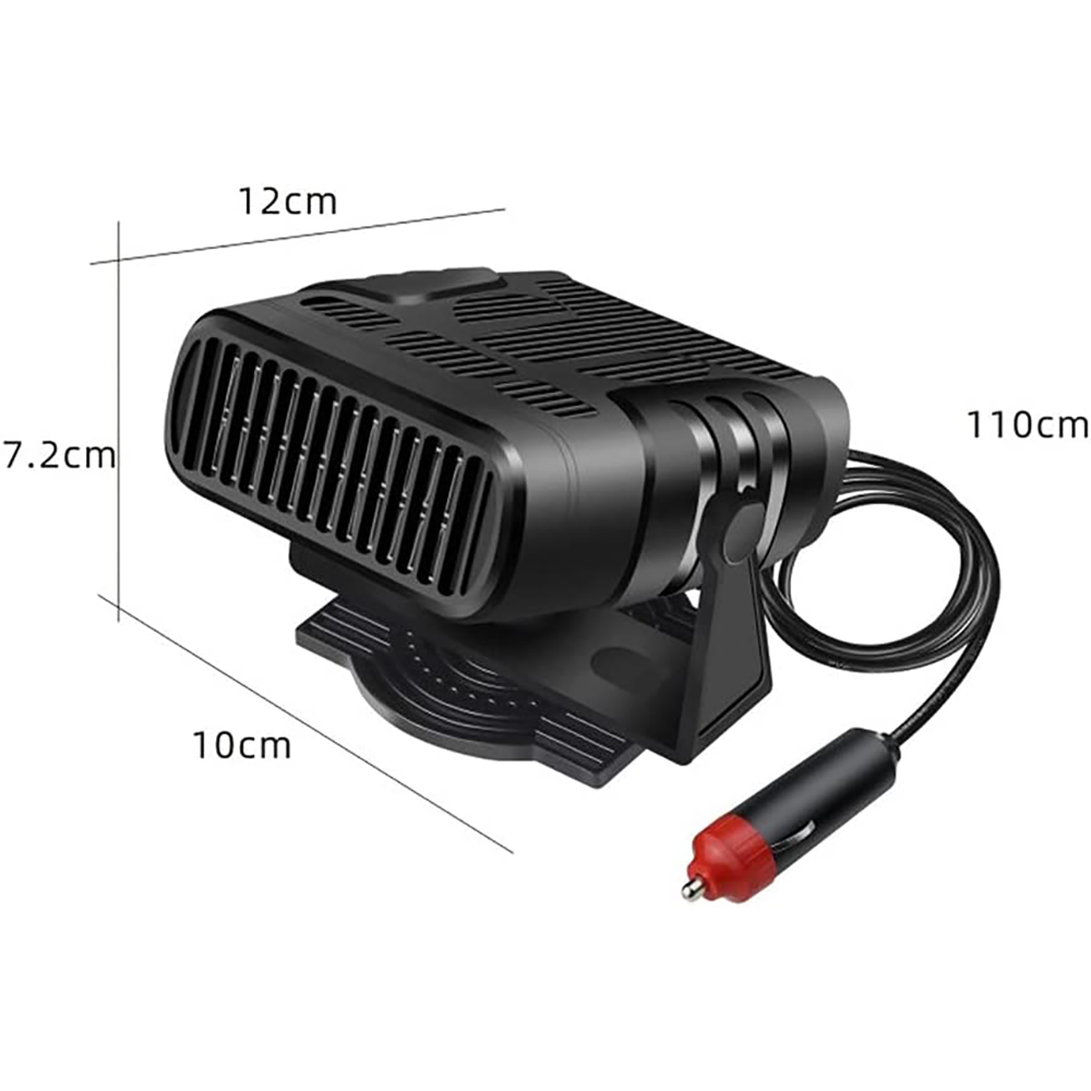 Eine schwarze Autoheizung. Es hat Lüftungsschlitze, einen Ständer und ein Netzkabel mit einem rotspitzigen Stecker.