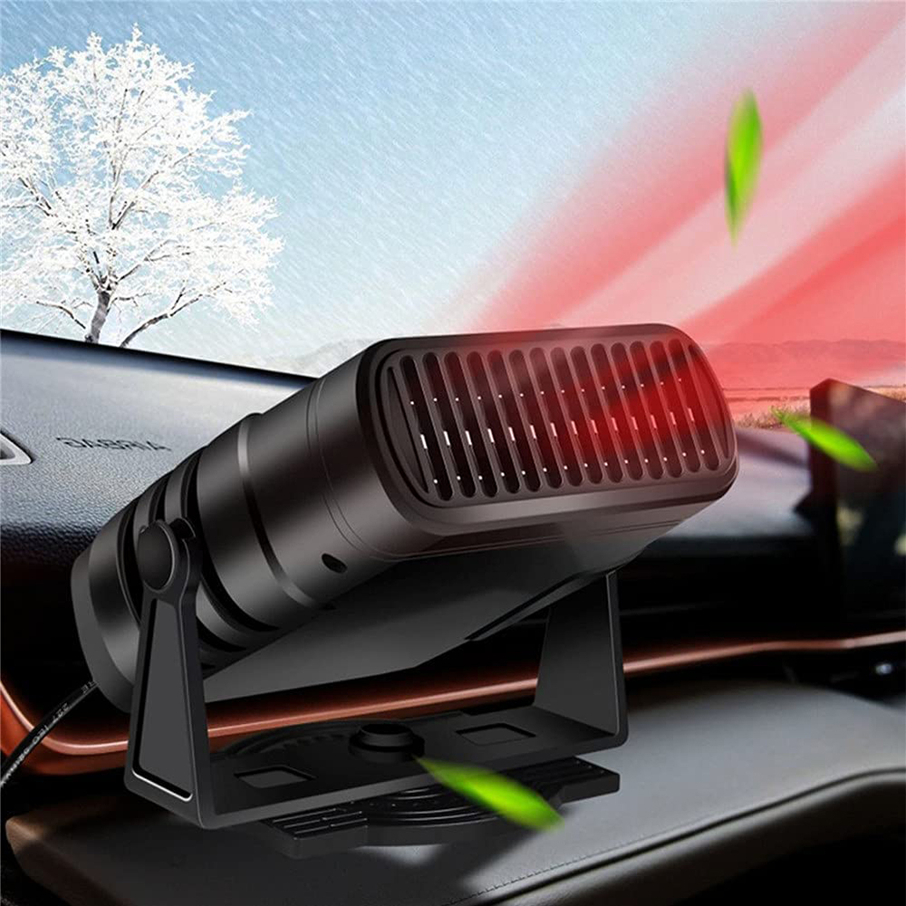 Eine schwarze Autoheizung befindet sich auf dem Armaturenbrett eines Autos. Im Hintergrund steht ein verschneiter Baum, und grüne Blätter scheinen zu fliegen.