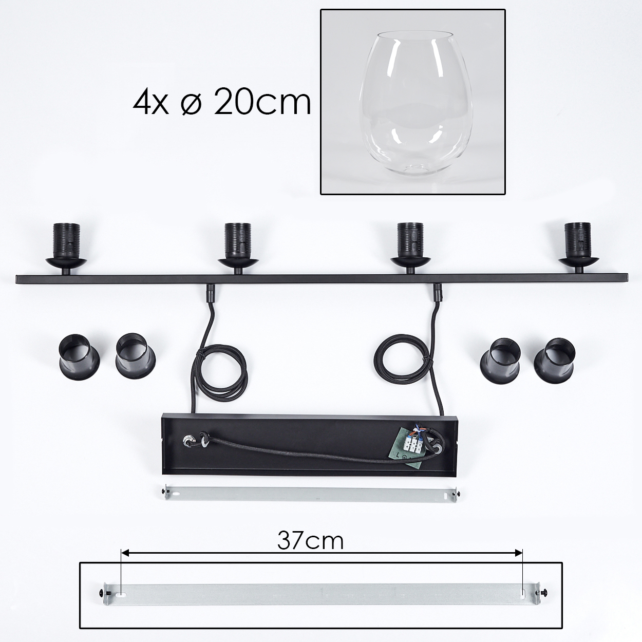 Schwarze Leuchtenteile mit Glas und Maßen auf weißem Hintergrund. Enthält Abmessungen: 4xØ20cm und 37cm.