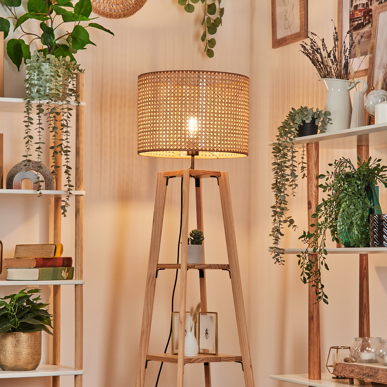 Ein Raum mit einer Holzlampe, Regalen mit Pflanzen, Büchern und dekorativen Gegenständen. Die Lampe leuchtet.