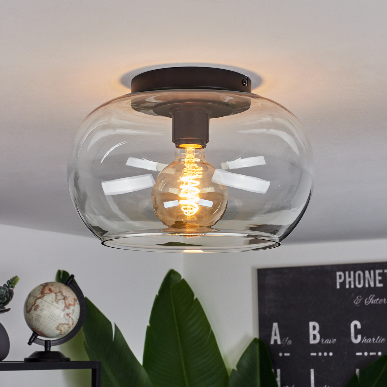 Eine Deckenlampe aus Glas mit einer leuchtenden Glühbirne. Ein Globus und grüne Pflanzen befinden sich im Hintergrund.
