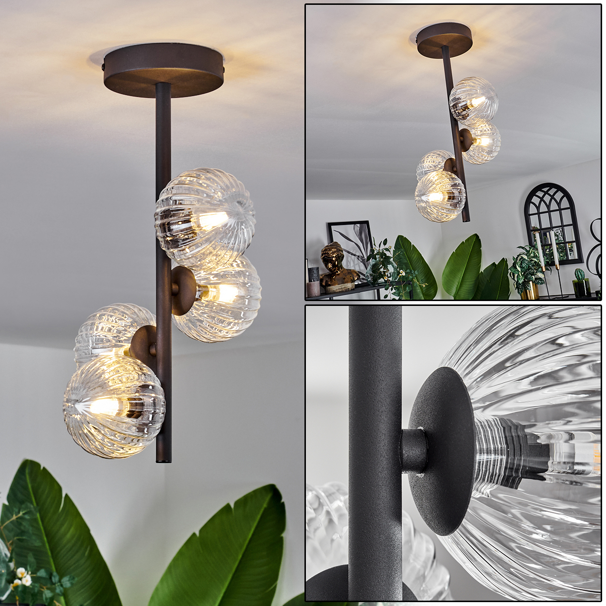 Eine moderne Deckenleuchte mit vier Glaskugellampen, vor einer weißen Wand. Die Leuchten haben ein strukturiertes Design und einen braunen Metallrahmen.
