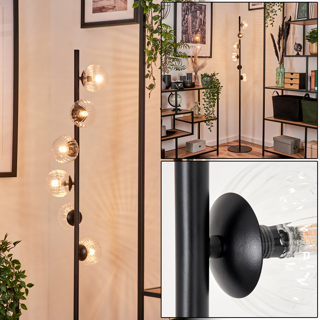 Eine moderne Stehlampe mit fünf Glaskugeln. Sie steht in einem Raum mit Regalen, Pflanzen und gerahmten Bildern. Die Lampe ist schwarz.