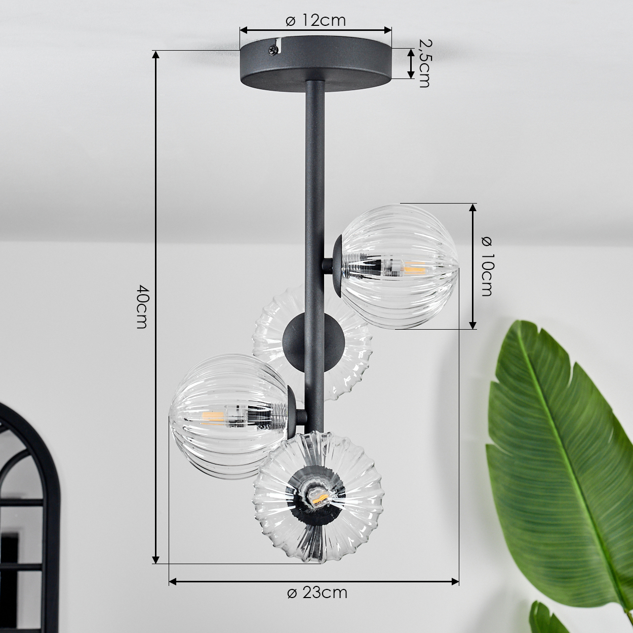 Moderne Deckenlampe mit drei Glaskugelschirmen. Die Lampe ist schwarz, Abmessungen sind angegeben. Im Hintergrund befindet sich eine grüne Pflanze.