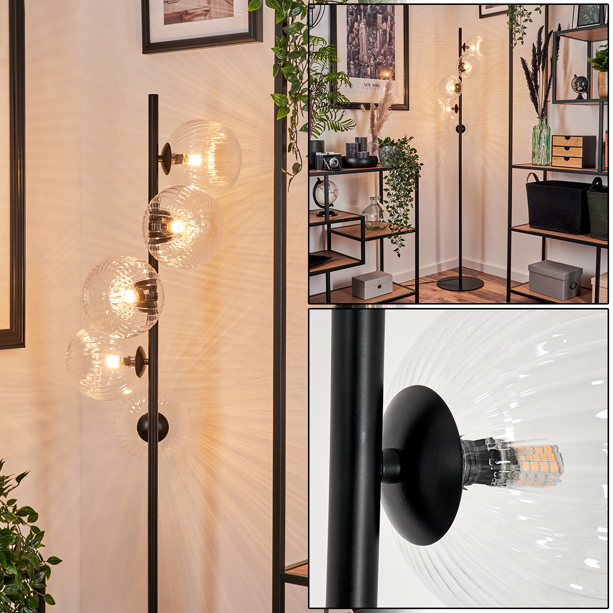 Eine moderne schwarze Stehlampe mit fünf Glaskugelschirmen beleuchtet einen Raum mit Regalen, Pflanzen und gerahmter Kunst.