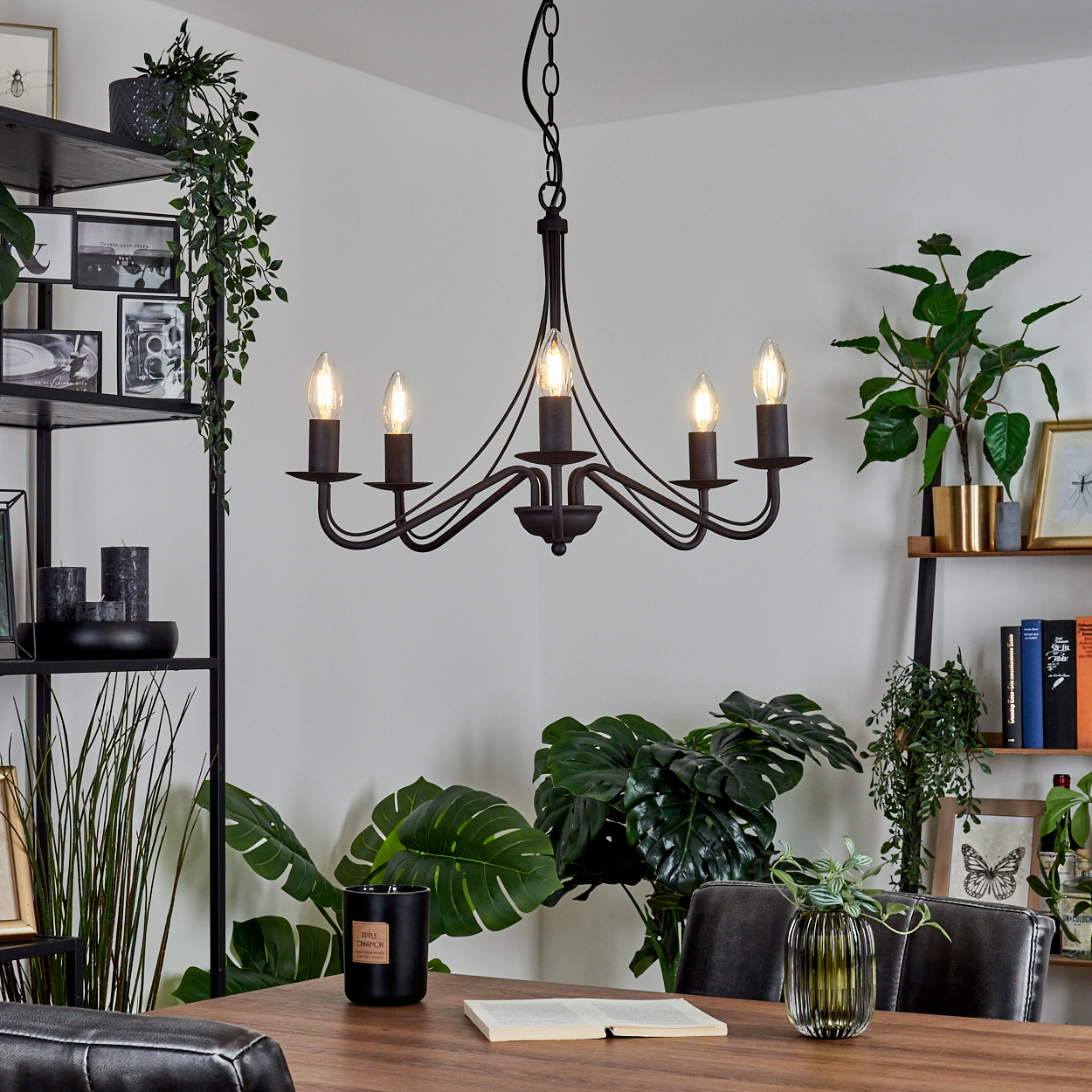 Ein Esszimmer mit Kronleuchter, Pflanzen, Holztisch und schwarzer Kerze. Bücher und Bilder stehen auf Regalen.
