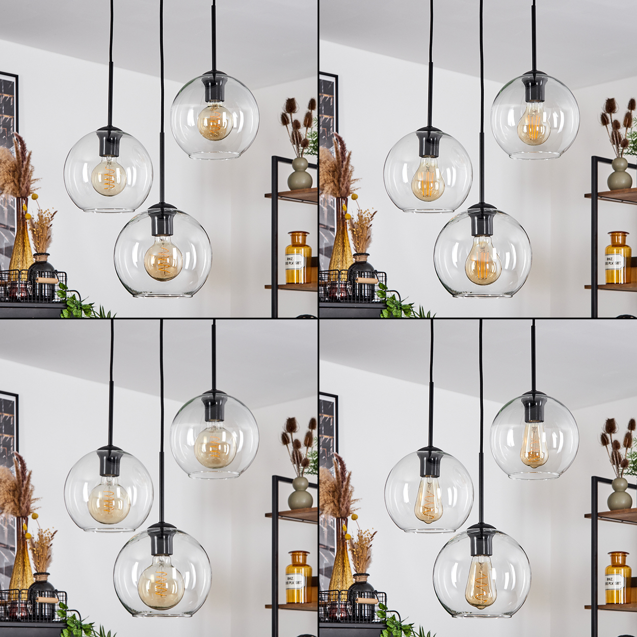 Vier Pendelleuchten mit transparenten Glasschirmen und Edison-Glühbirnen. Regale mit Vasen und Dekorationsartikeln im Hintergrund.