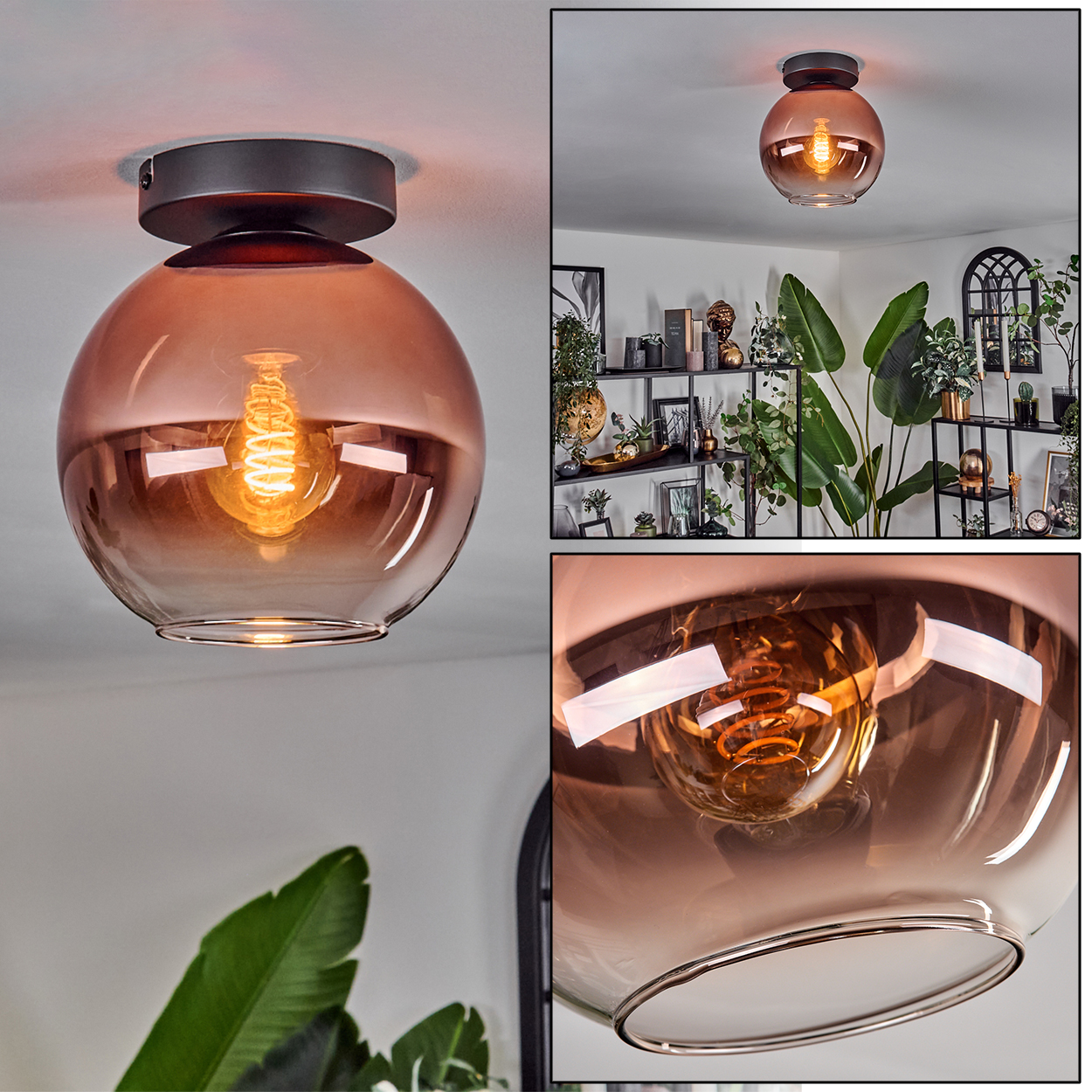 Eine moderne Deckenleuchte mit rundem, bernsteinfarbenem Glasschirm. Sie hat eine sichtbare Glühbirne und einen dunklen Metallsockel.