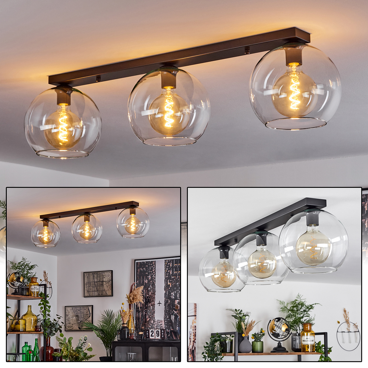 Deckenleuchte mit drei Glaskugeln. Jede Kugel hat eine sichtbare Edison-Glühbirne. Die Halterung ist schwarz, an einer weißen Decke befestigt.