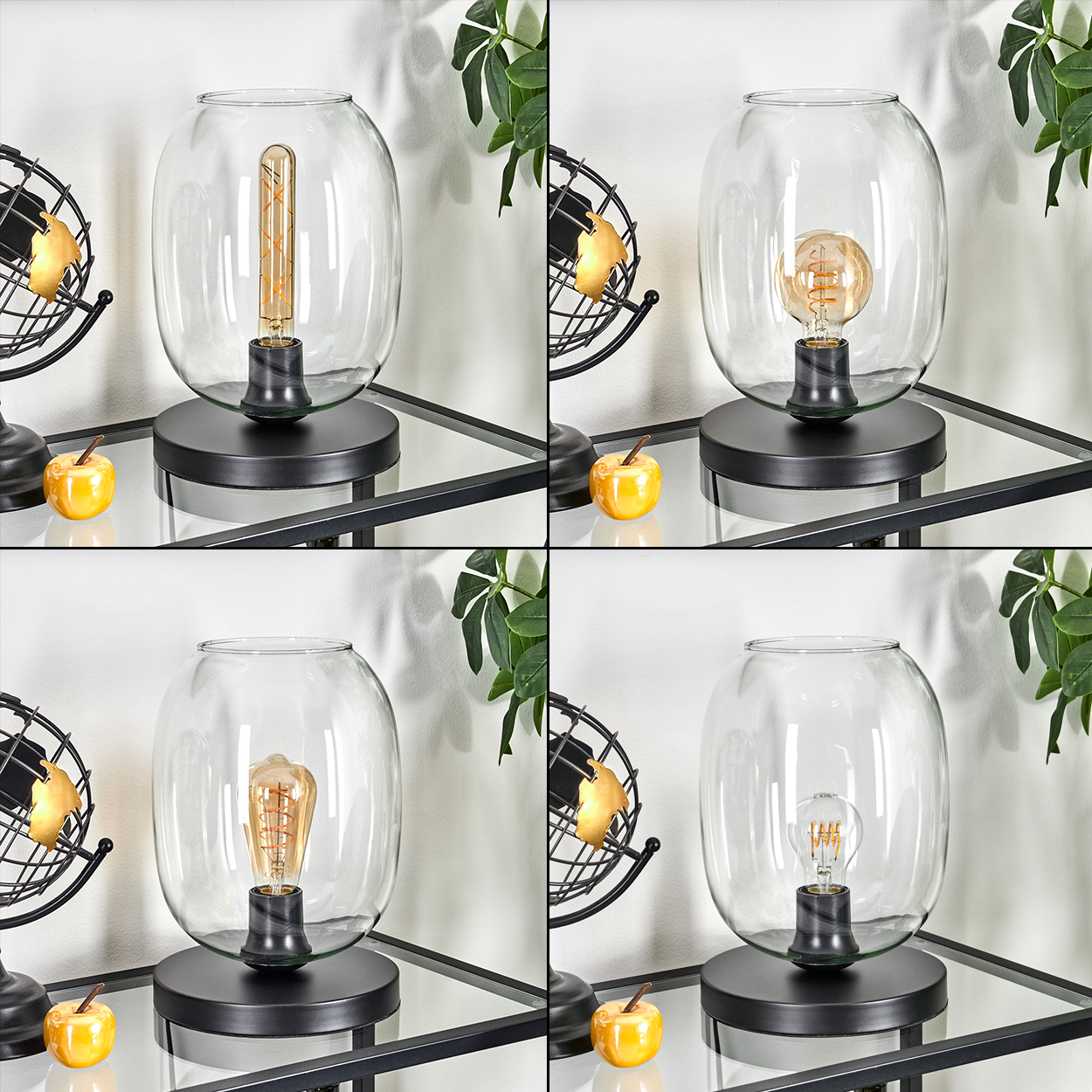 Vier Lampen mit verschiedenen Glühbirnen in Glashüllen auf einem Glasregal. Dekorative Objekte wie Äpfel und Globen sind vorhanden.