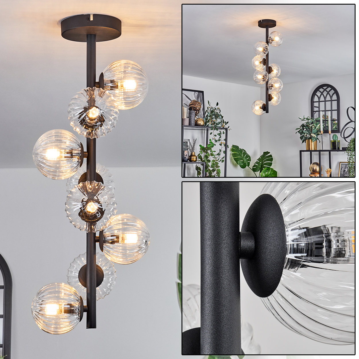 Eine moderne schwarze Pendelleuchte mit Glaskugeln und geriffelten Glasschirmen hängt von der Decke. Im Hintergrund ist ein Raum mit Regalen zu sehen.