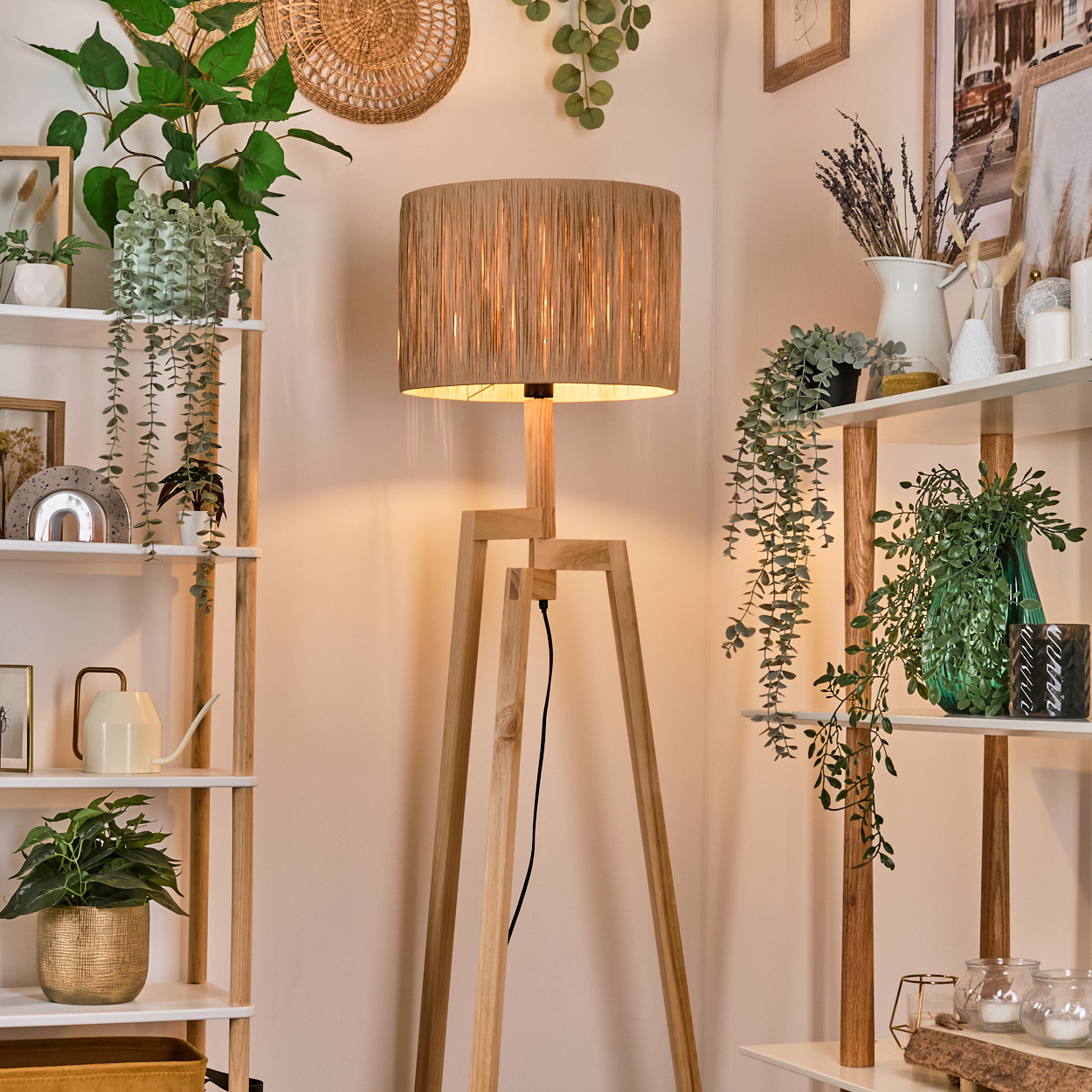 Ein Raum mit einer Holzlampe, Regalen mit Pflanzen und Wanddeko. Das Licht erzeugt eine warme Atmosphäre.