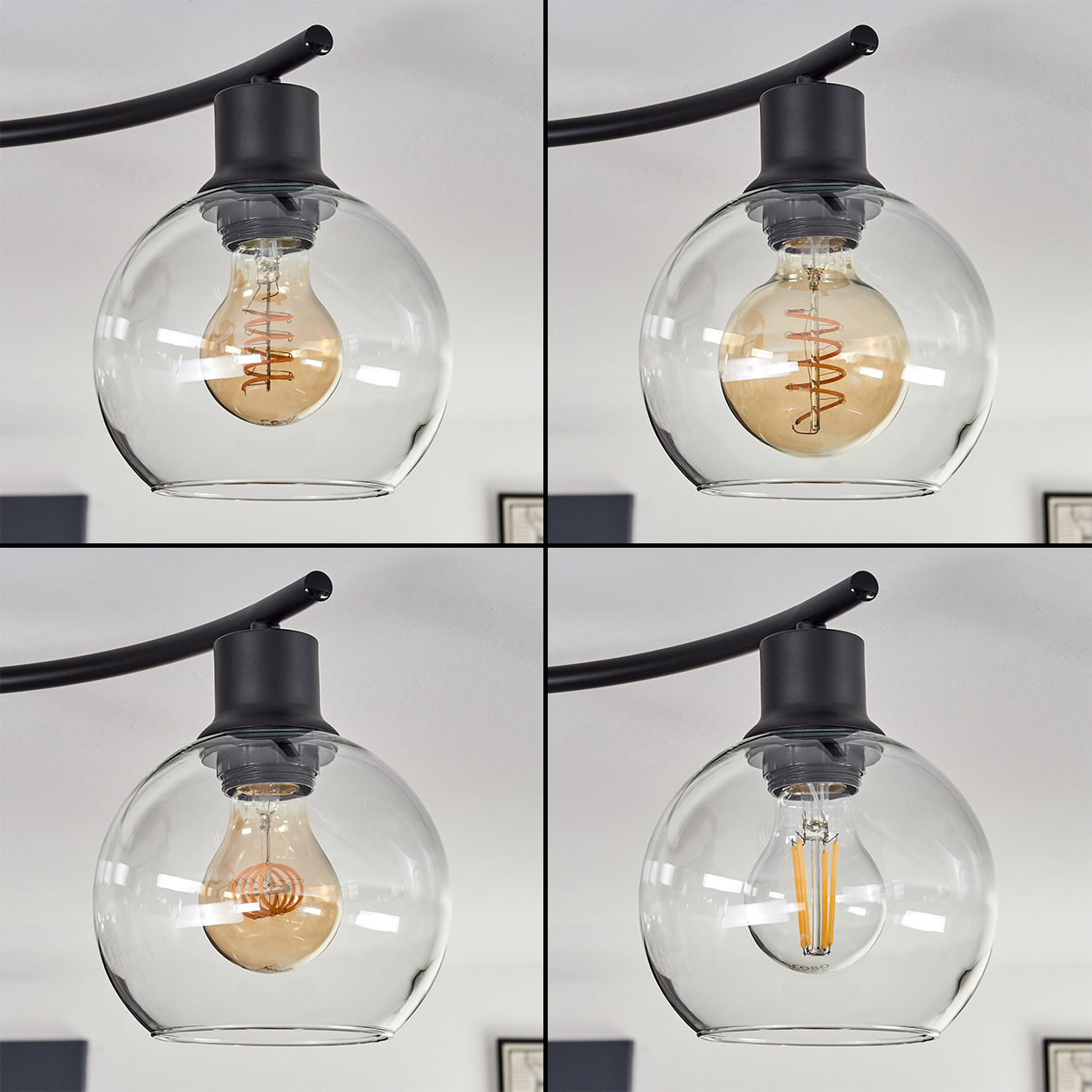 Vier Nahaufnahmen einer modernen Leuchte mit klaren Glaskugeln und Edison-Glühbirnen vor einer weißen Wand.