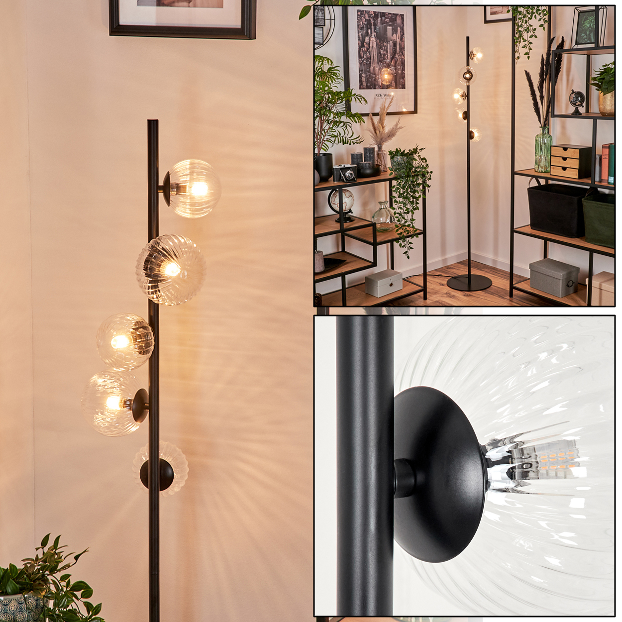 Eine moderne Stehlampe mit vier Glaskugelschirmen. Die Lampe ist schwarz, und der Raum hat Regale mit Dekoration.