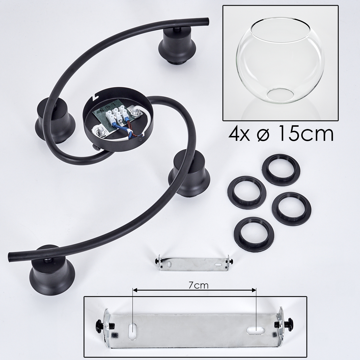 Schwarze Metallleuchte mit Glaskugel, Ringen und Metallhalterung. Abmessungen sind auf dem Bild angegeben.
