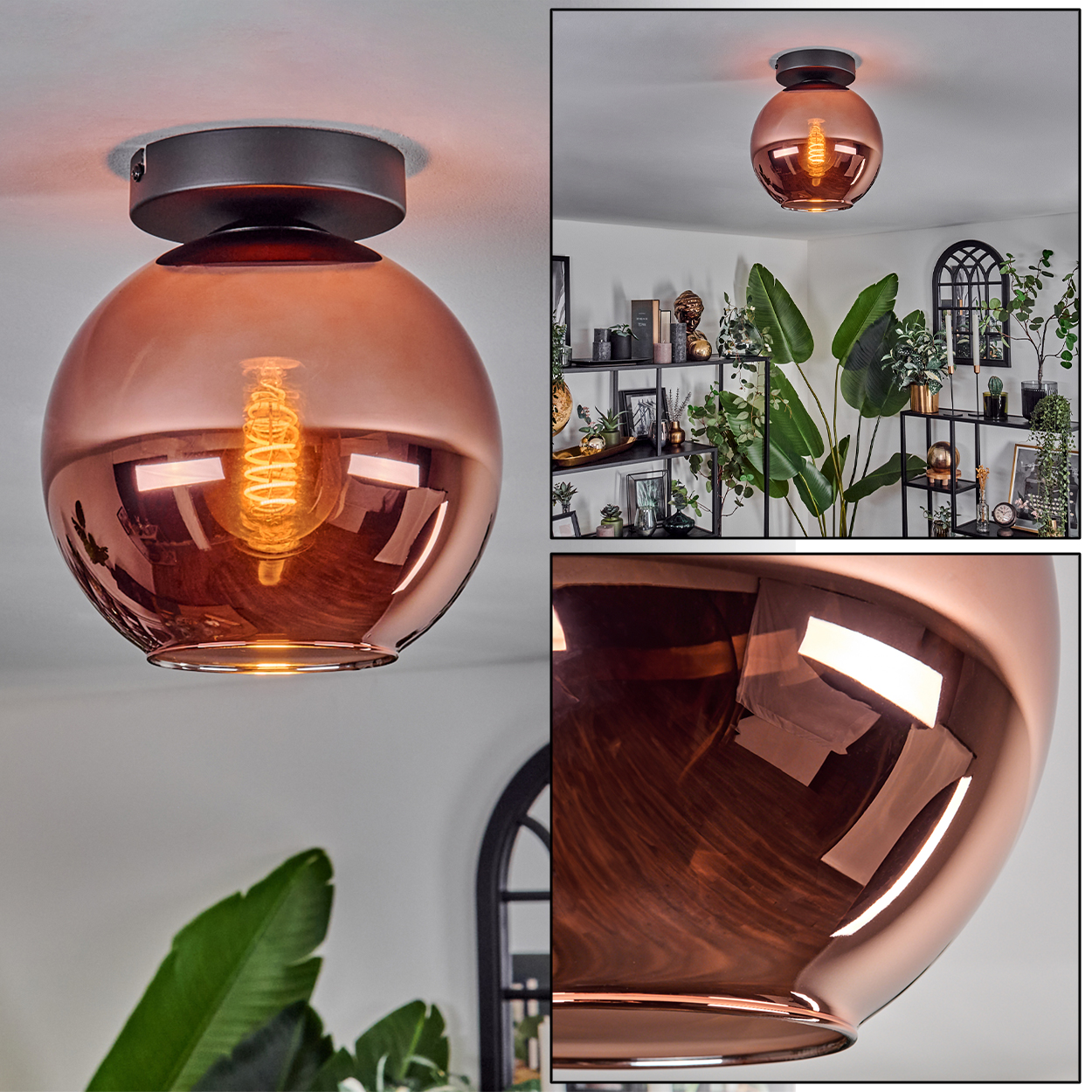 Kupferfarbene Deckenlampe mit sichtbarer Glühbirne. Im Hintergrund Pflanzen und Regale mit Dekorationen.