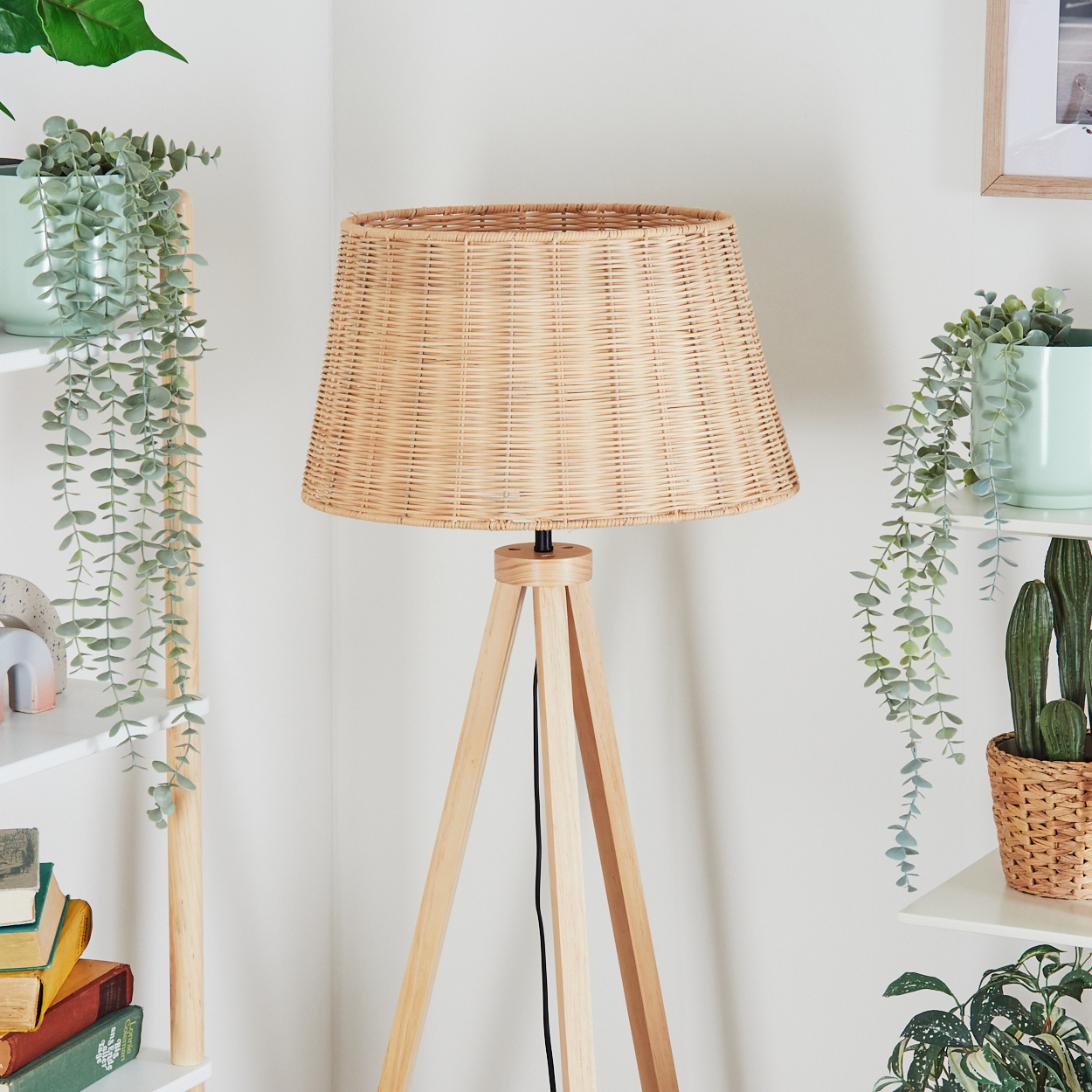 Ein gewebter Lampenschirm auf einem Holzstativ, Pflanzen auf Regalen und ein Bilderrahmen. Die Szene ist mit natürlichem Licht beleuchtet.