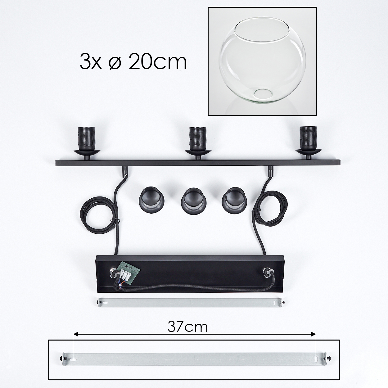 Schwarze Leuchte mit 3 Fassungen. Ein klarer Glasschirm wird gezeigt. Abmessungen: 3x Ø 20cm und 37cm.