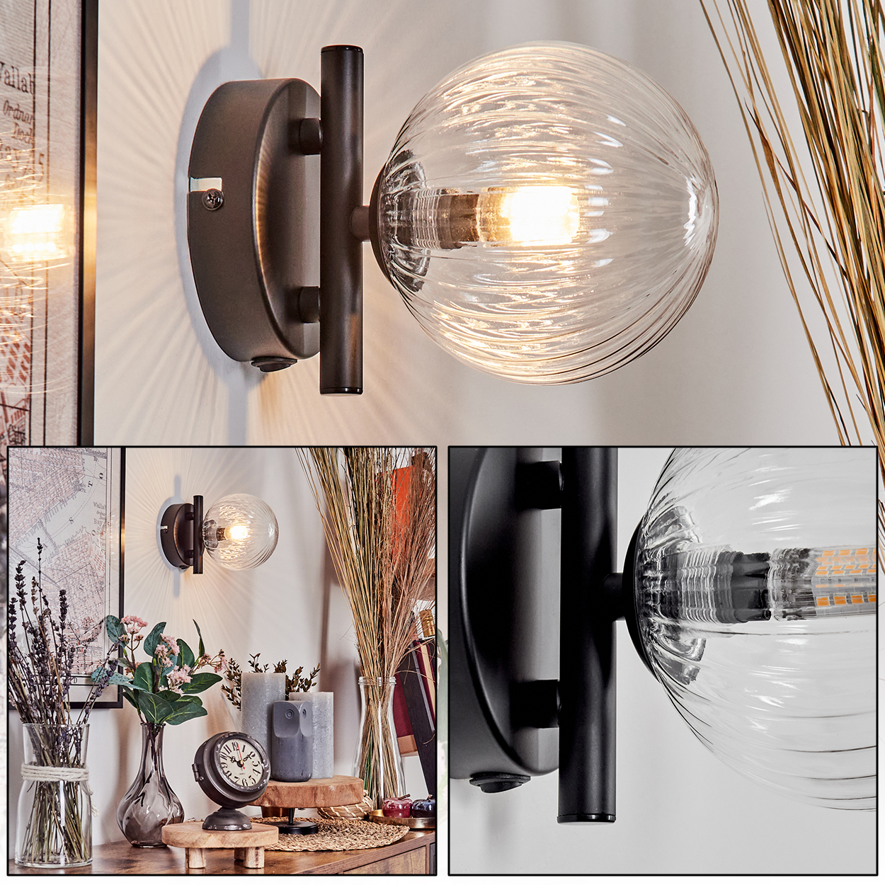 Eine moderne Wandlampe mit Glaskugel. Die Lampe ist schwarz, das Glas klar mit strukturiertem Design. Dekorative Elemente umgeben sie.