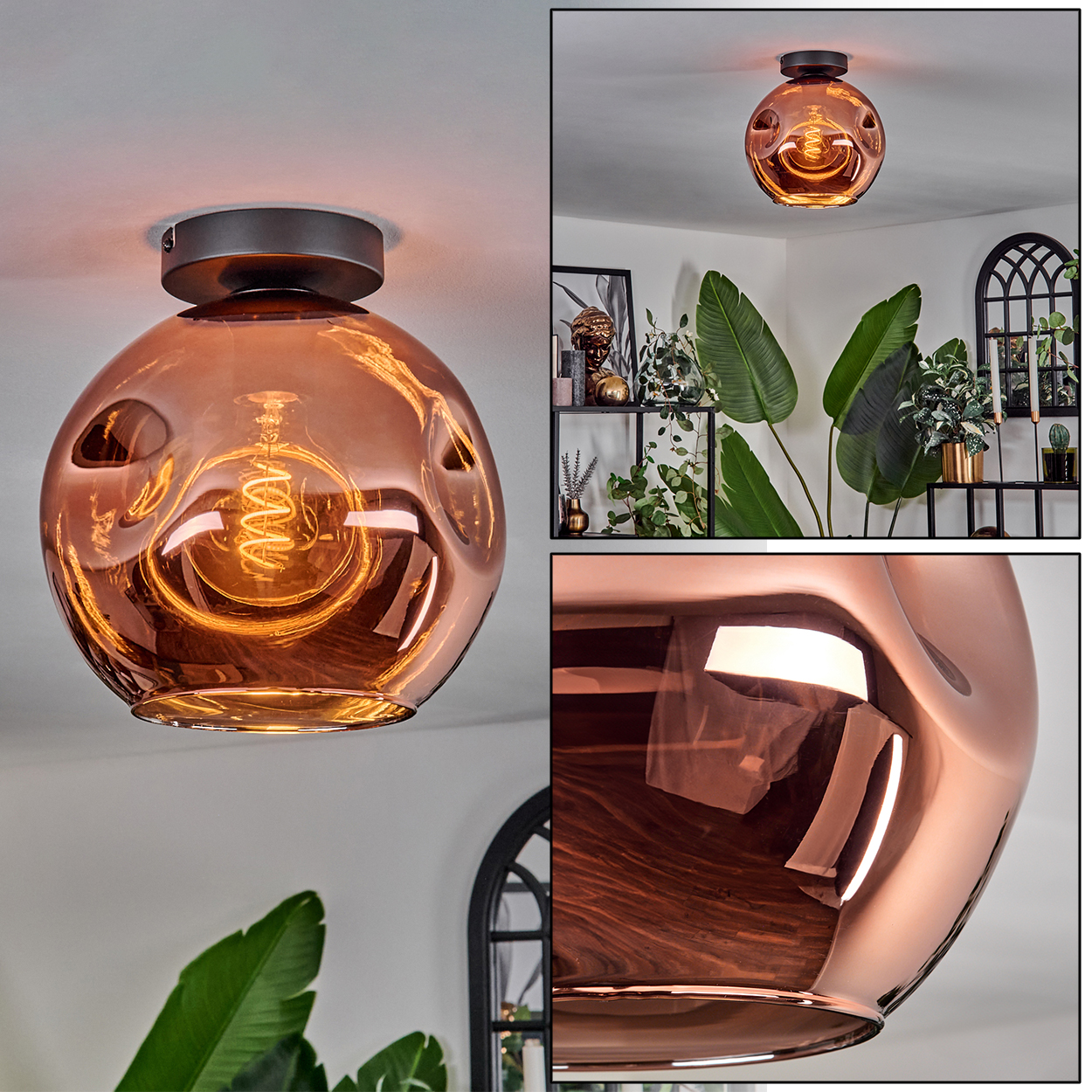 Kupferfarbene, kugelförmige Deckenlampe mit sichtbarer Glühbirne. Im Hintergrund Pflanzen, Regale und ein Fenster.