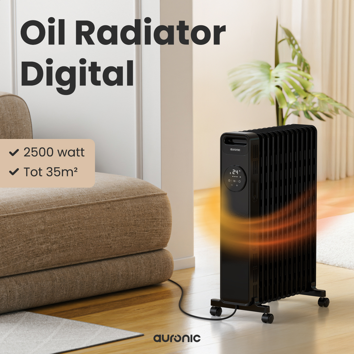 Black oil radiator with digital display. Next to a sofa, the radiator is in a room with a plant. The text mentions 2500 watt and 35m2.