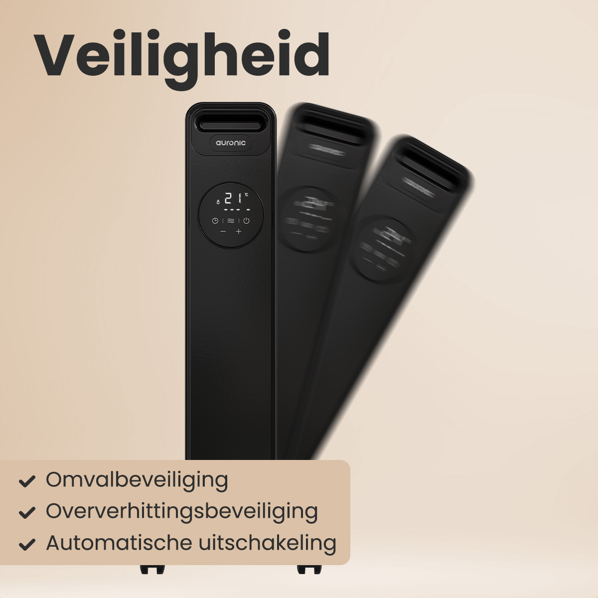 Three black heaters with a digital display. Text in Dutch: safety, fall protection, overheat protection, automatic shut-off.