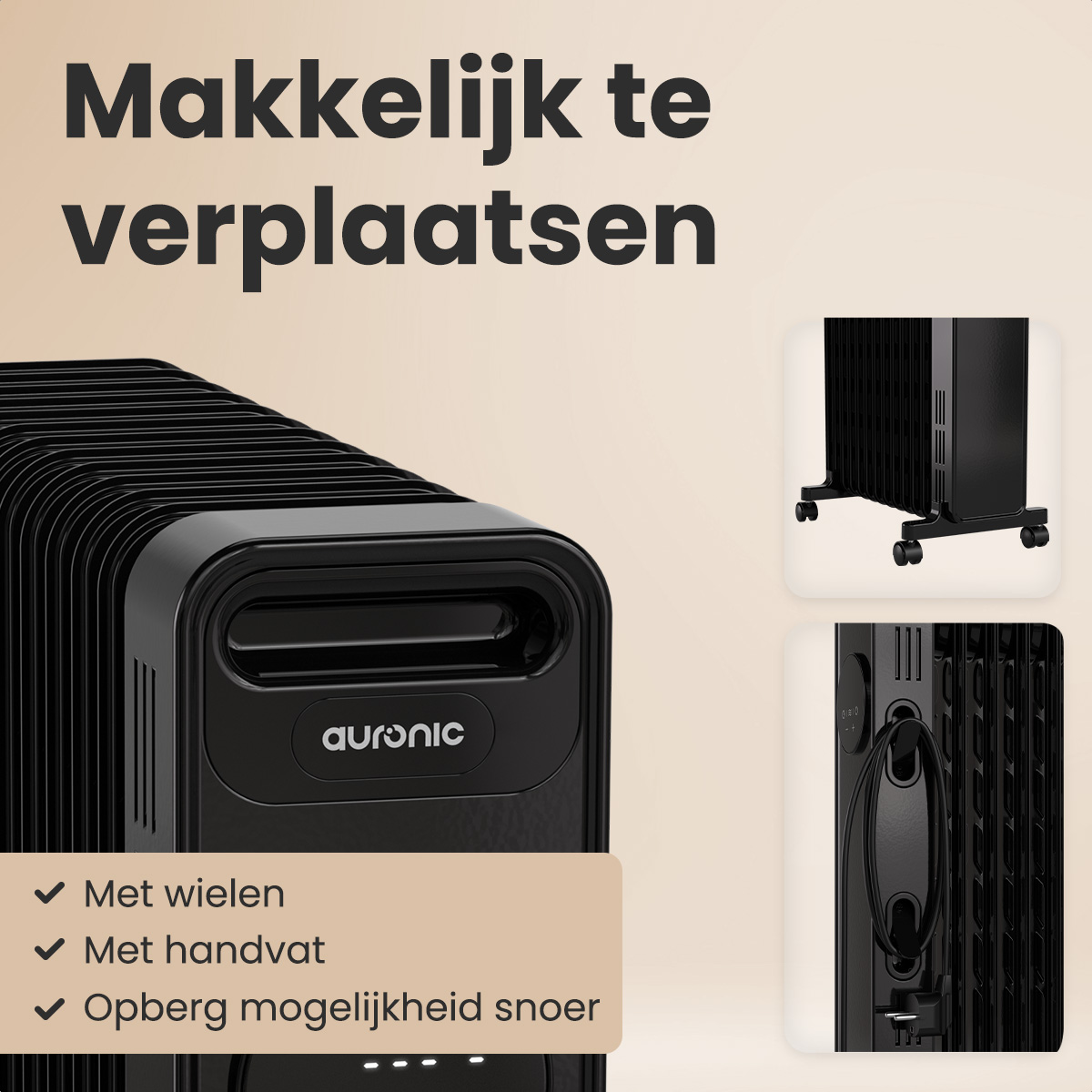 Black Auronic oil-filled radiator. Features include wheels, handle, and cord storage. Text above says 'Easy to move'.