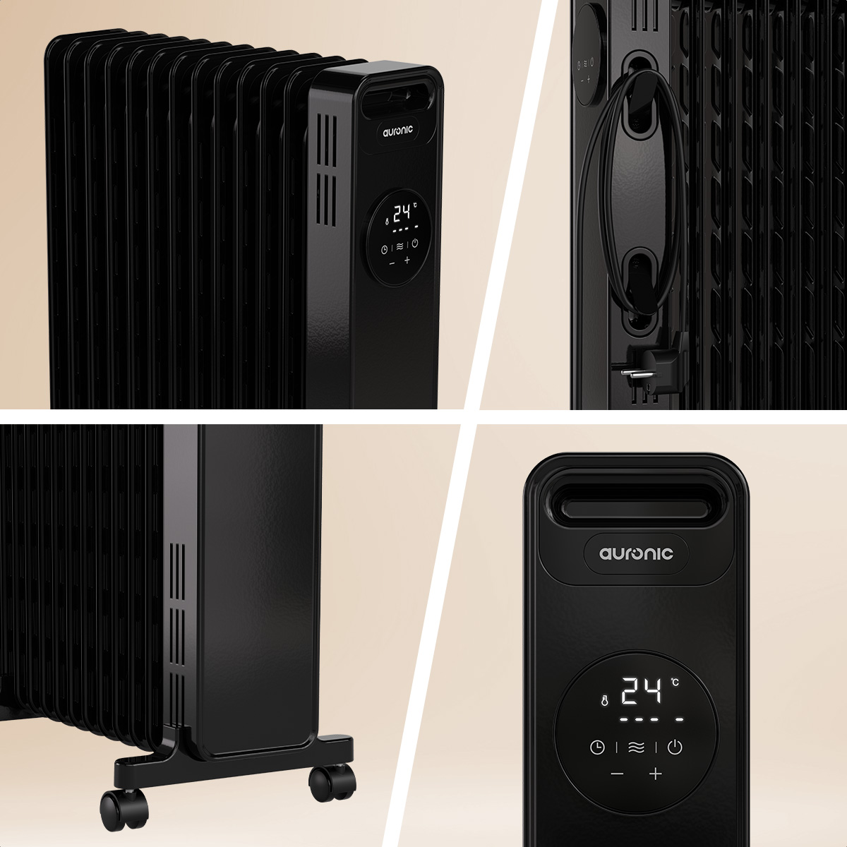 Black Auronic oil-filled radiator. Features a digital display showing 24 degrees. It has wheels and a handle for easy movement.