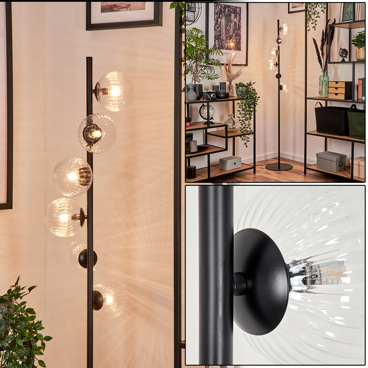 Eine hohe, schwarze Stehlampe mit fünf Glaskugelschirmen ist zu sehen. Der Hintergrund umfasst Regale, Pflanzen und gerahmte Kunst.