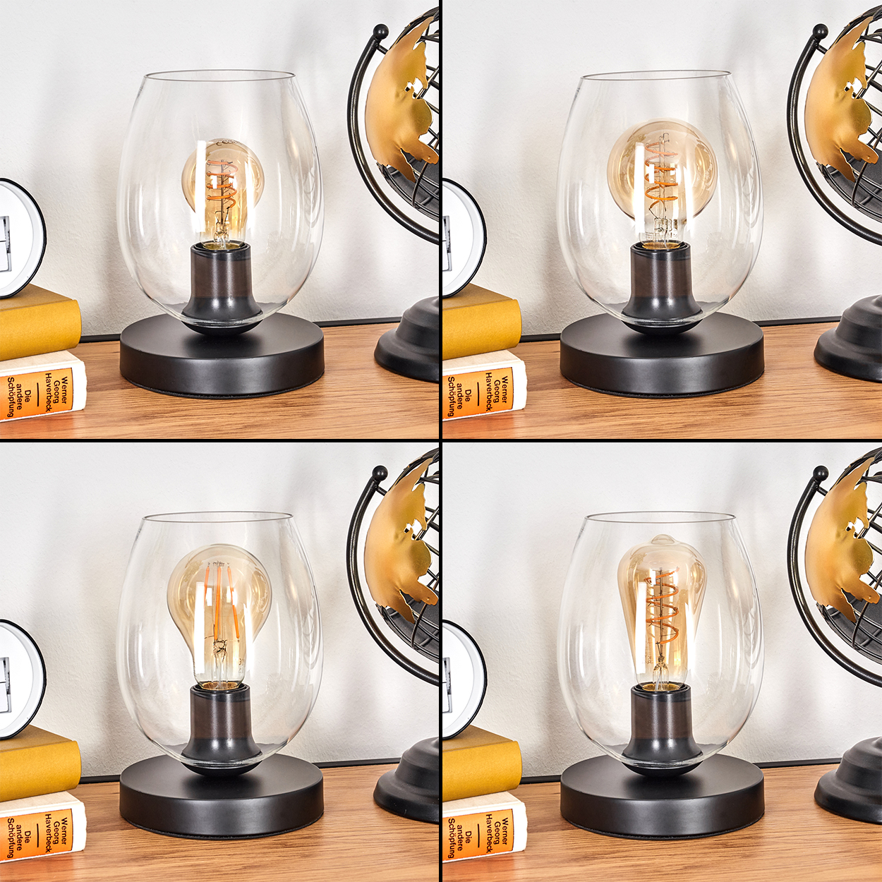 Eine Tischlampe mit einer Glühbirne in einem Glasschirm, auf einem Holztisch. Eine Globusdekoration befindet sich rechts.