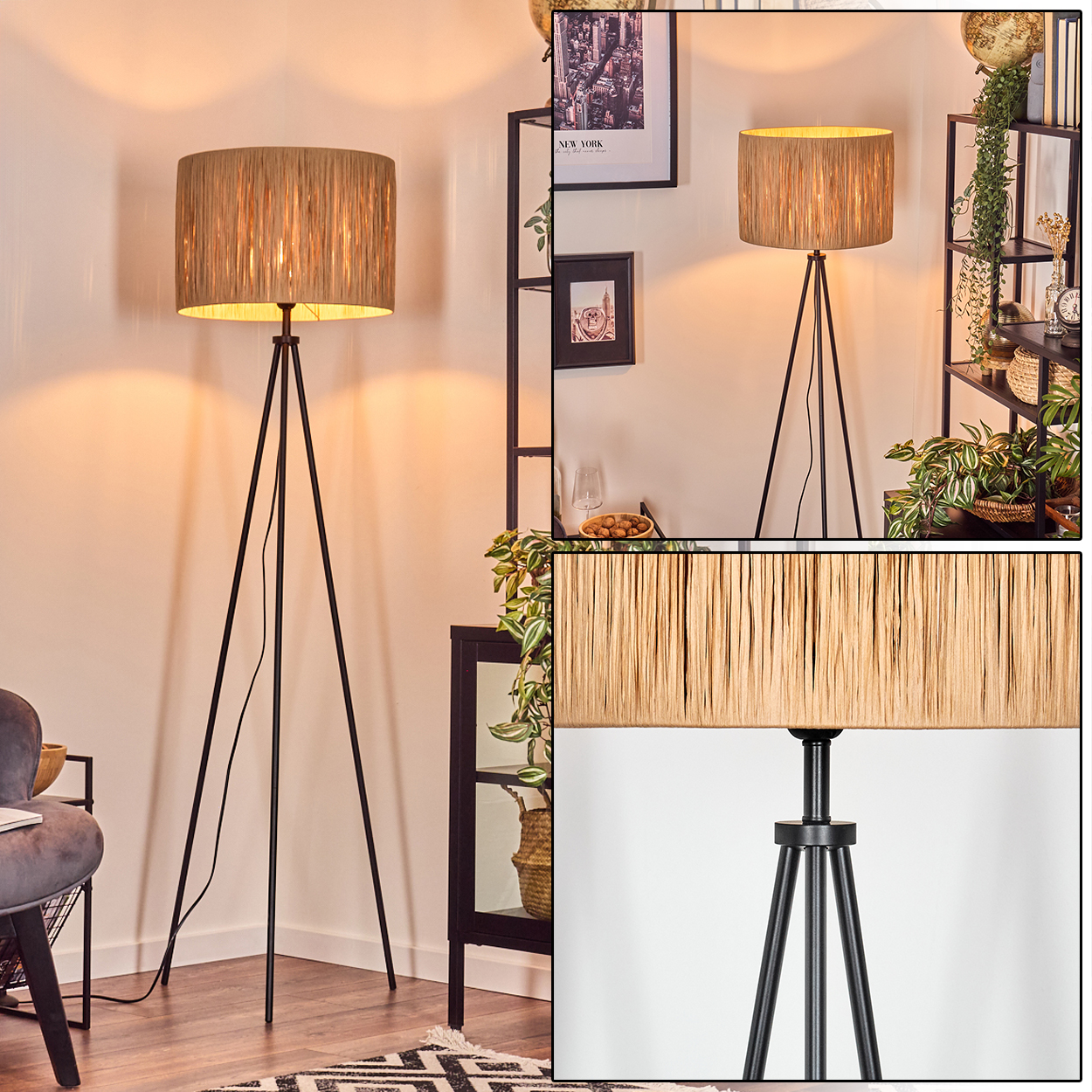 Eine Stehlampe mit beigem Lampenschirm und schwarzen Beinen steht in einem Raum. Regale mit Pflanzen und Dekoration befinden sich im Hintergrund.
