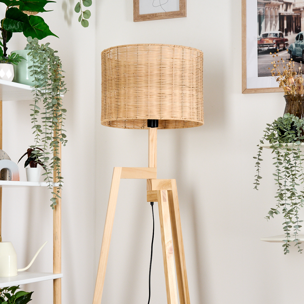 Ein gewebter Lampenschirm auf einem Holzstativ, mit Pflanzen auf Regalen und gerahmten Bildern im Hintergrund. Eine dekorative Inneneinrichtung.