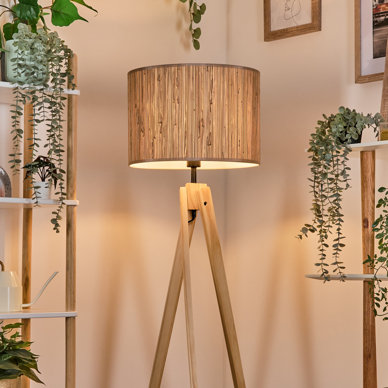 Eine hölzerne Stehlampe mit Lampenschirm ist beleuchtet. Regale mit Pflanzen stehen an den Seiten. Der Hintergrund ist eine weiße Wand.