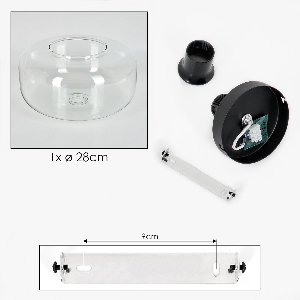 Zerlegte Leuchte. Komponenten sind Glasschirm, schwarze Basis, Montagehalterung und schwarzer Stecker. Maße werden angezeigt.