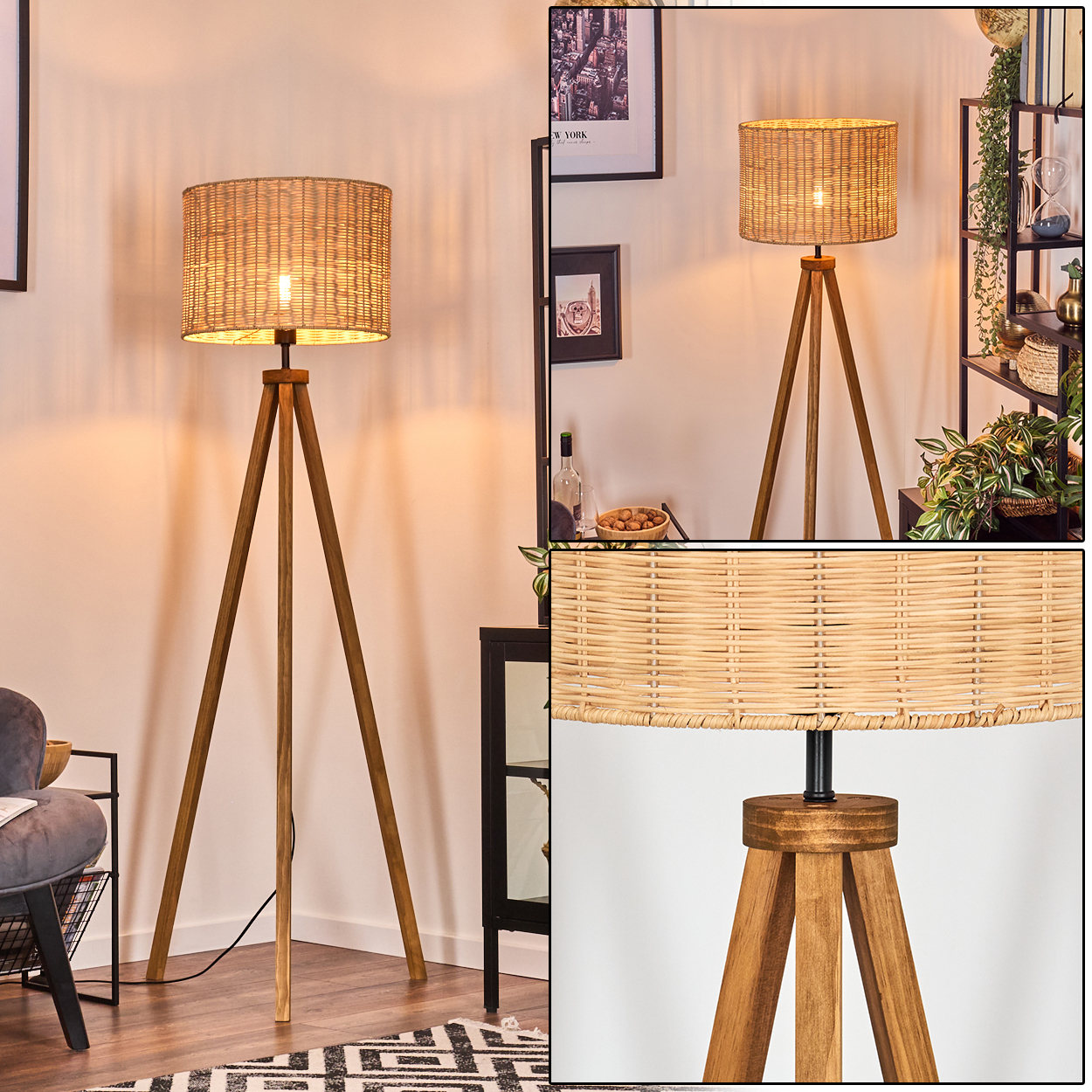 Eine Stehlampe aus Holz mit einem geflochtenen Lampenschirm ist beleuchtet. Der Raum umfasst Möbel, Kunst und einen gemusterten Teppich.