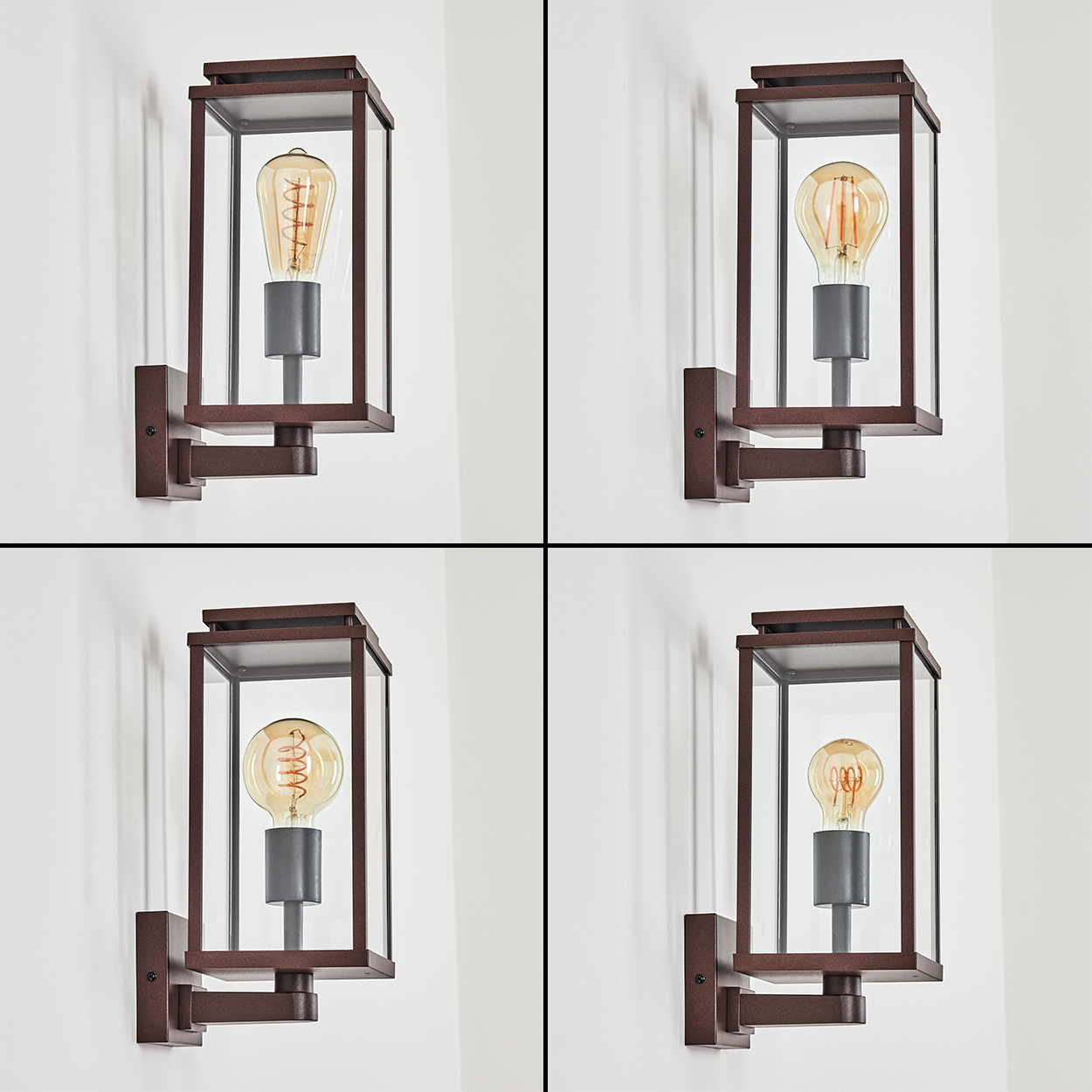 Vier identische Wandlampen mit Glasscheiben und freiliegenden Glühbirnen, an einer weißen Wand montiert. Die Lampen sind braun.