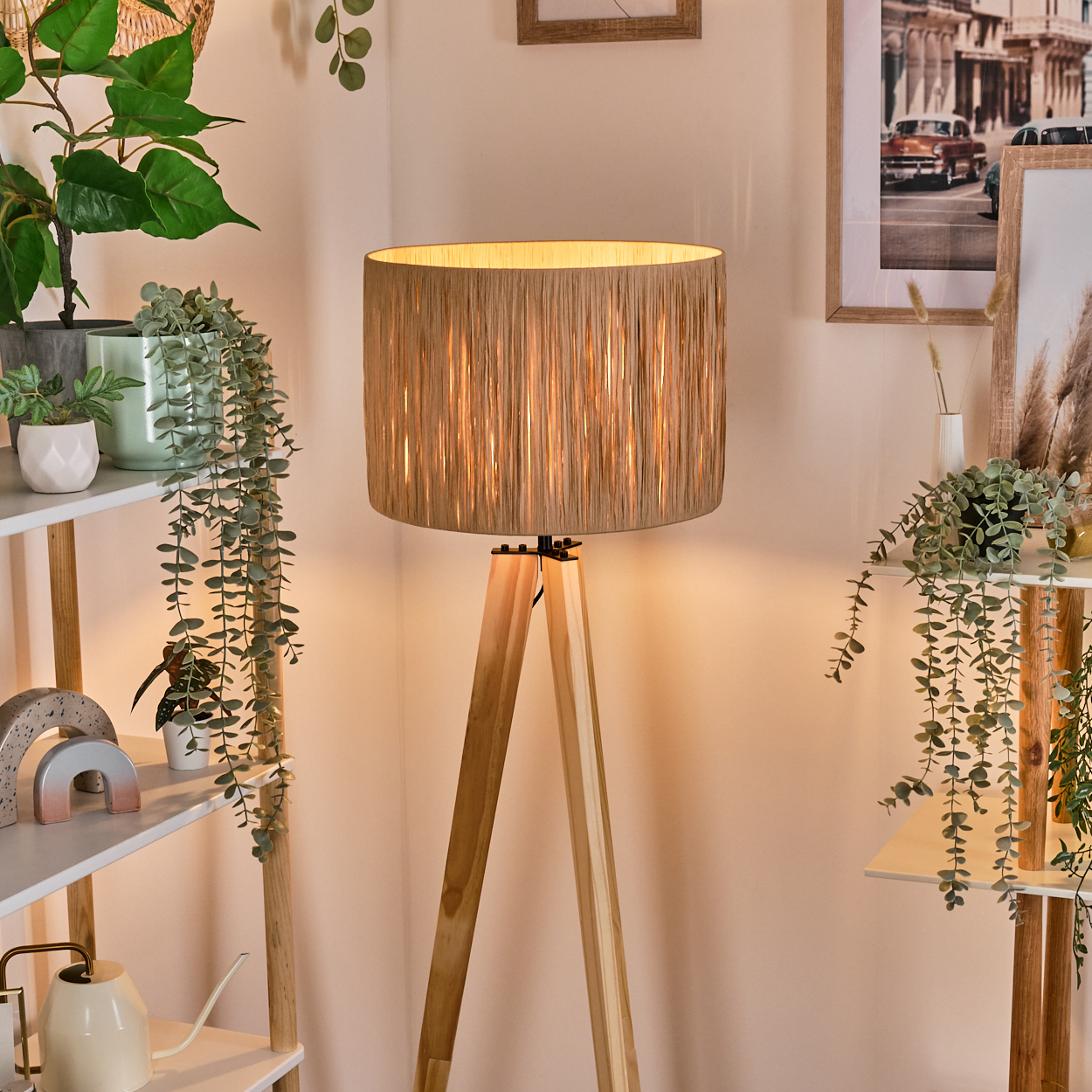 Eine hölzerne Stehlampe mit einem beigefarbenen Lampenschirm. Pflanzen stehen auf Regalen und hängen. Bilder an der Wand. Beige Wand.