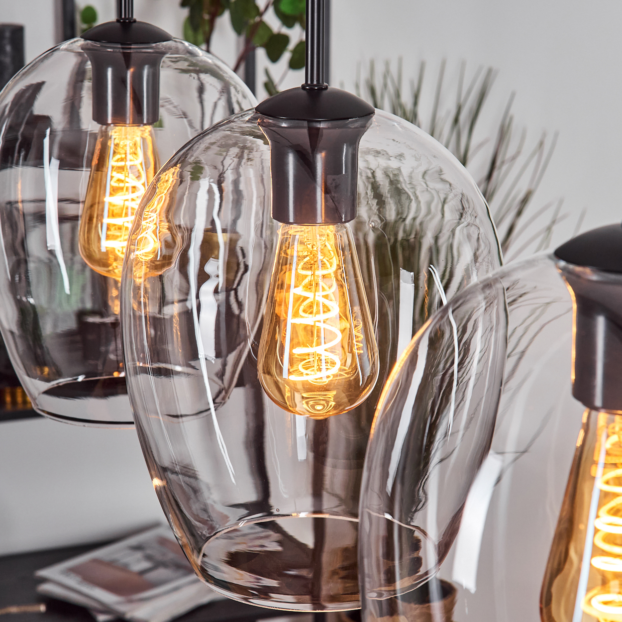 Drei Glas-Hängeleuchten mit Edison-Glühbirnen werden gezeigt. Die Glühbirnen leuchten und hängen an schwarzen Halterungen. Der Hintergrund hat Pflanzen.