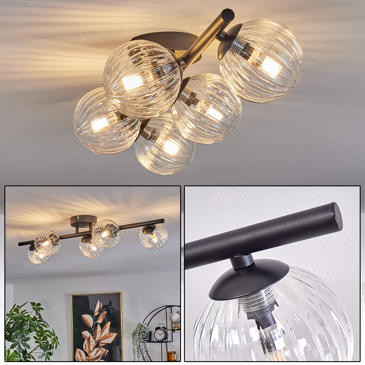 Eine moderne Deckenleuchte mit sechs Glaskugel-Schirmen. Schwarze Metallarme und Deckenhalterung. Das Licht ist an und beleuchtet den Raum.