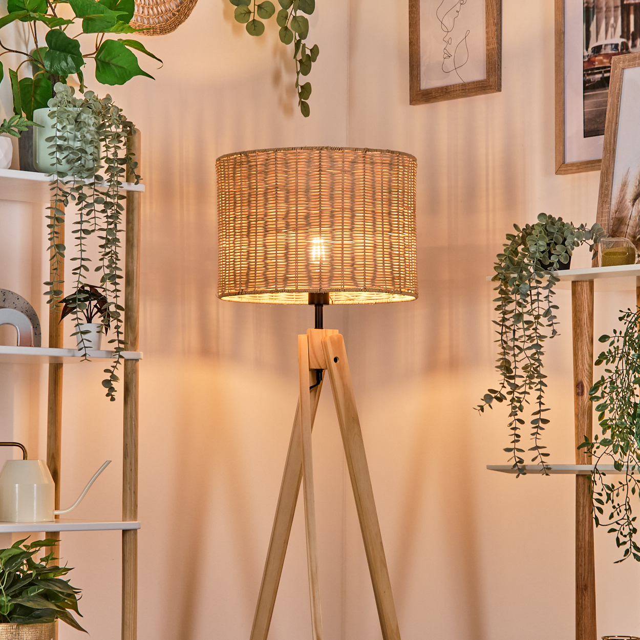 Eine gewebte Lampe auf einem Holzstativ, umgeben von Pflanzen auf Regalen und von der Decke hängend. Bilder hängen an der Wand.