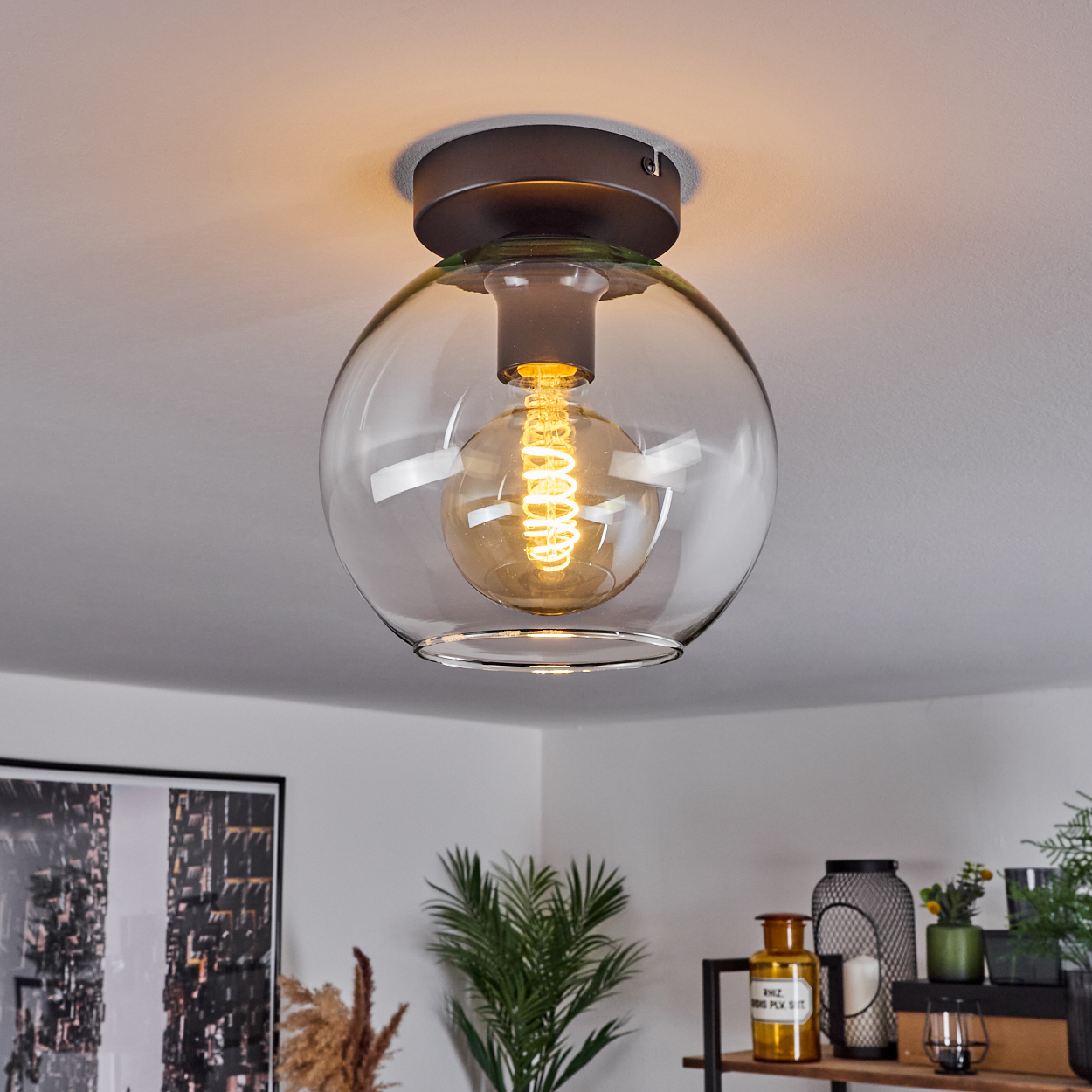 Eine runde, klare Deckenlampe aus Glas mit einer Spirallampe im Inneren. Eine Zimmerecke zeigt ein Regal mit Pflanzen und Dekoration.