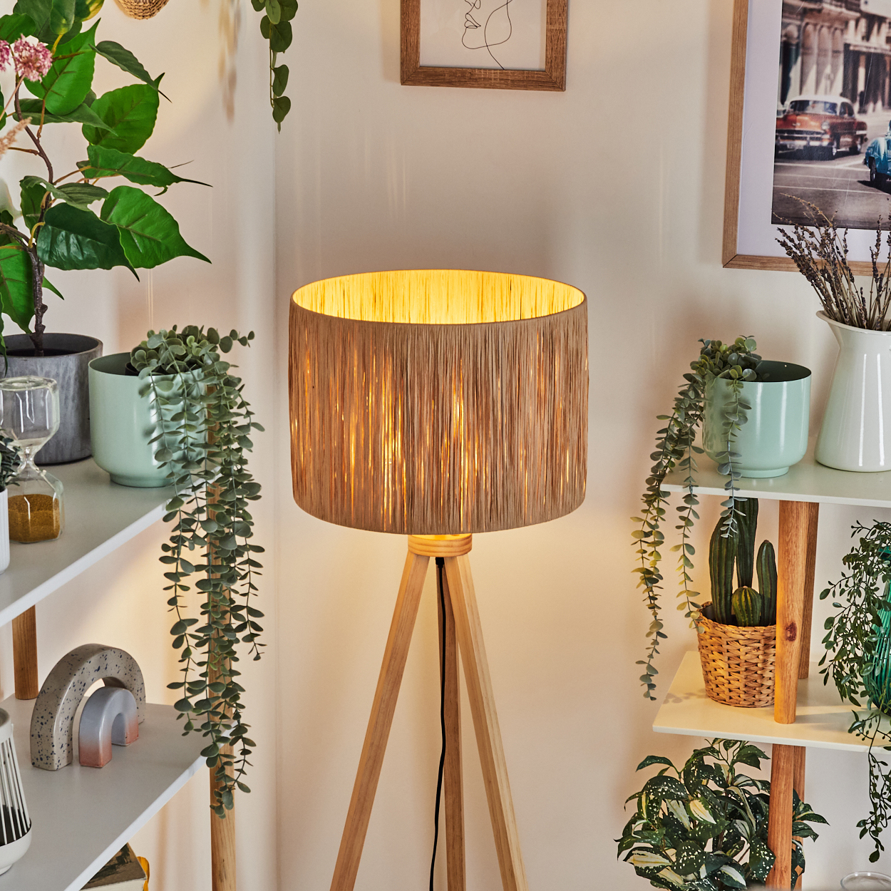 Eine beleuchtete Lampe mit gewebtem Schirm steht auf Holzbeinen. Pflanzen und Regale mit Dekoration umgeben sie. Bilder hängen an den Wänden.