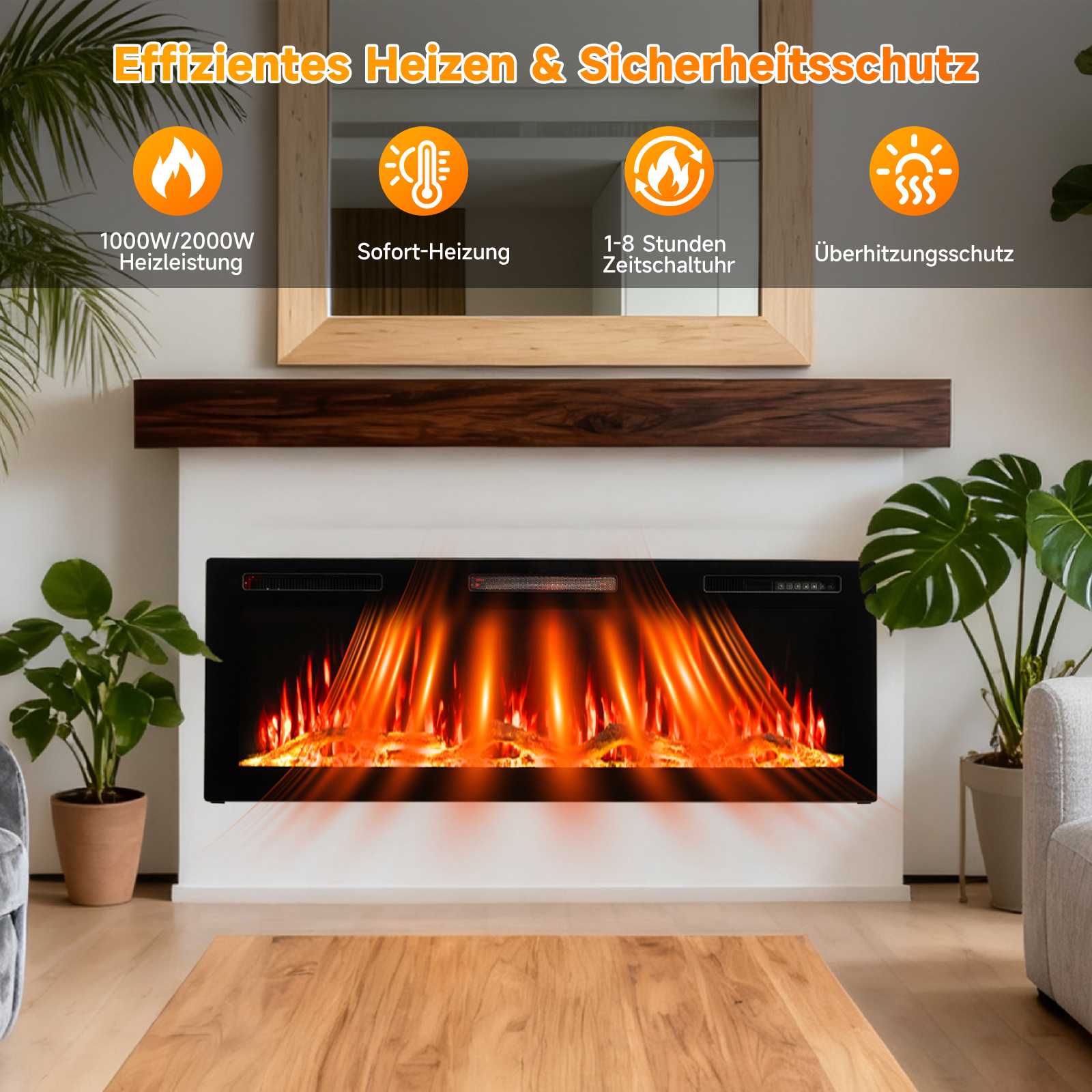 Ein moderner Kamin mit orangefarbenen Flammen. Das Zimmer hat einen Holztisch, Pflanzen und ein graues Sofa. Text auf Deutsch oben.