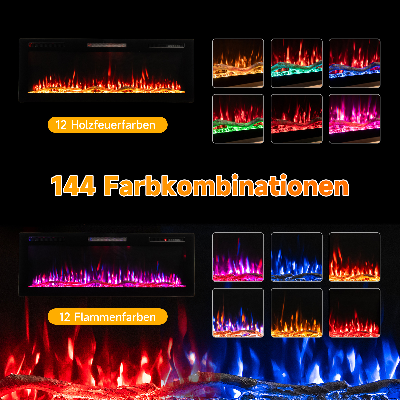Elektrischer Kamin mit 12 Flammenfarben und 144 Farbkombinationen. Zeigt verschiedene Feuereffekte in dunkler Umgebung.